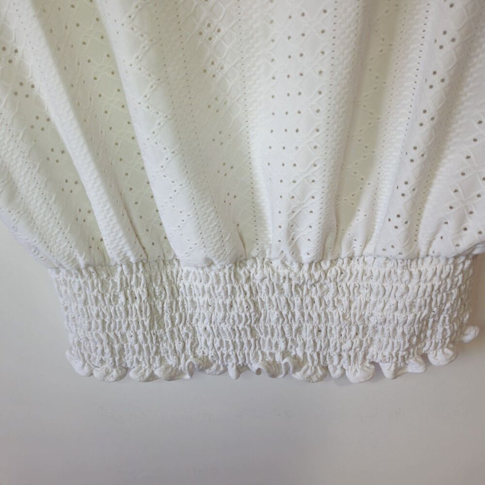 Michael Kors White Eyelet Short Sleeve Smocked Waist Top Blouse Womens Medium - Picture 4 of 10